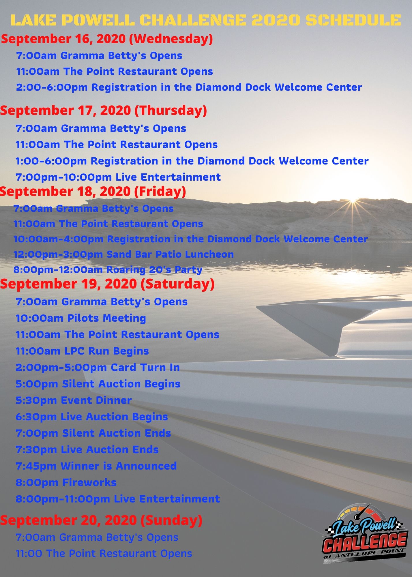Lake Powell Challenge 2020 Schedule
